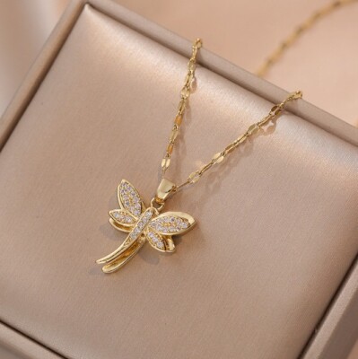 Round Simulated Diamond Women's Dragonfly Fancy Pendant 14k Yellow Gold Plated
