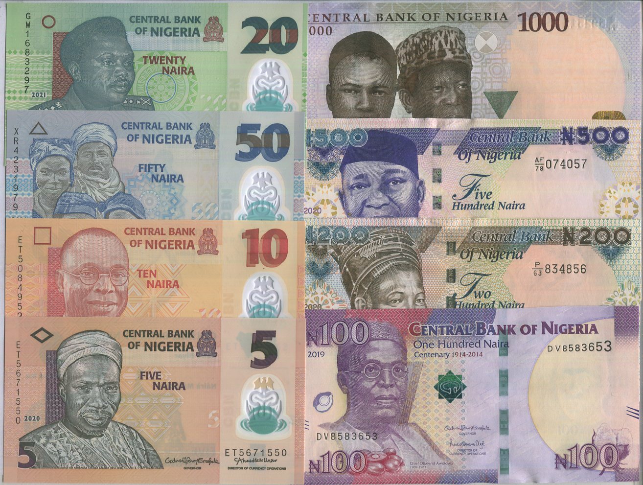 Nigeria set 8 pcs 5 10 20 50 100 200 500 1000 naira random year p 29 30 - 41 unc