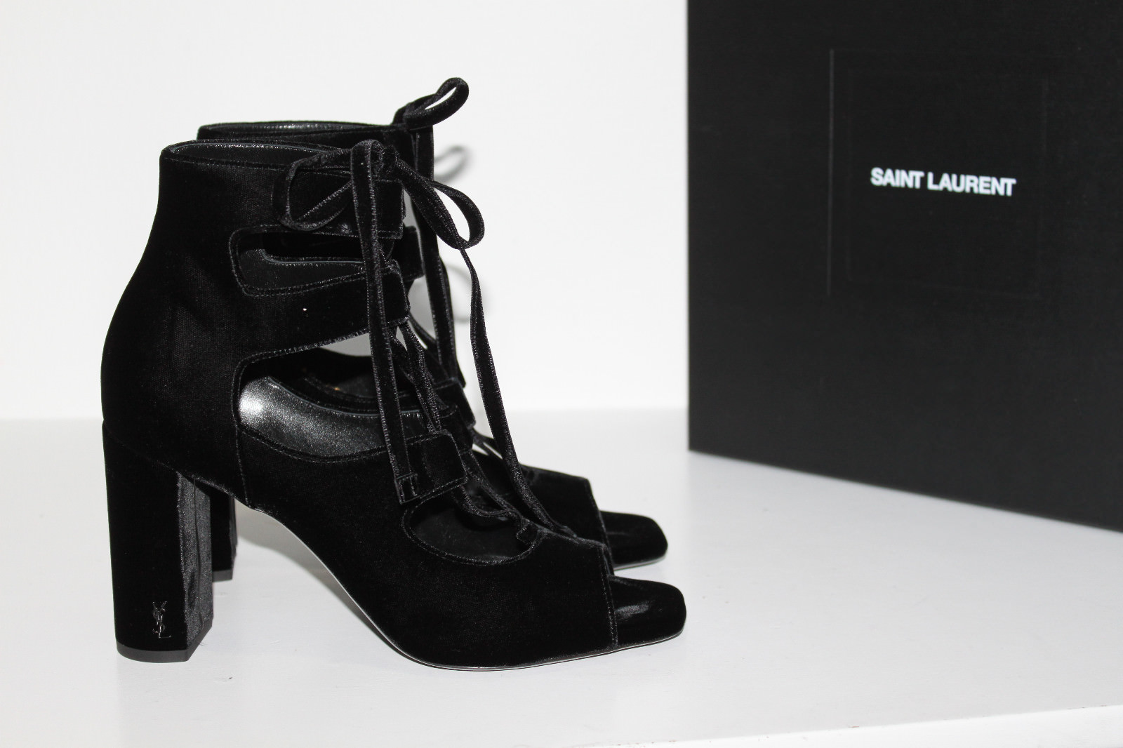 Scarpa sandalo Saint Laurent Loulou nero in velluto con lacci e gabbia nuova taglia 8 38 5