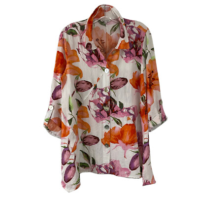 John Mark Tunic Top Orange Lavender Floral A-Line MOP Buttons Asymmetric Small