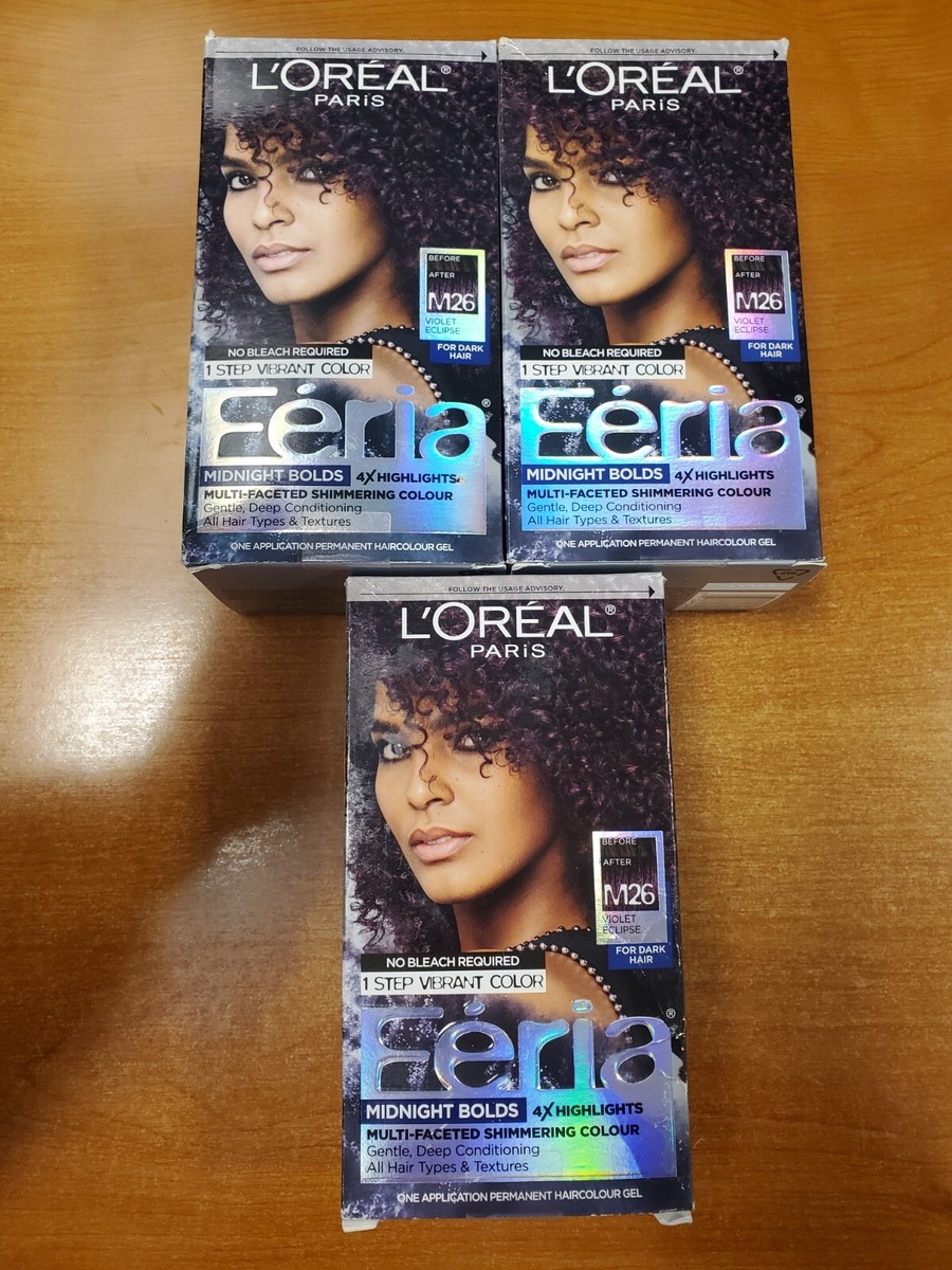 3 Pack LOreal Feria Permanent Hair Color M26 Violet Eclipse Purple