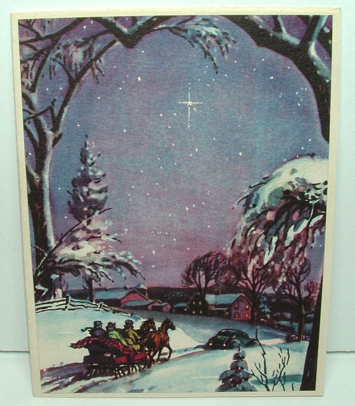 D. Hendrickson Illus. - Sleigh, 1930's Car  - 1930's Vintage Christmas Card