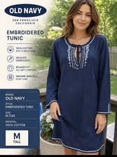 OLD NAVY EMBROIDERED COTTON LONG TUNIC TOP DRESS NAVY BLUE Sz-M Swim Coverup