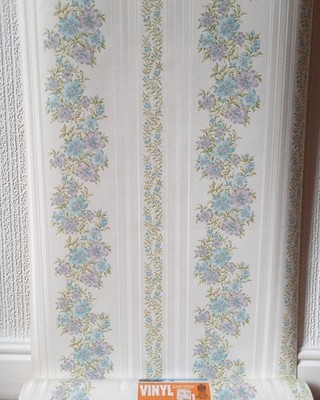 X1 70er Vintage Krone Tapete Rollen Retro MCM Blumen Streifen gestreift 60s blau