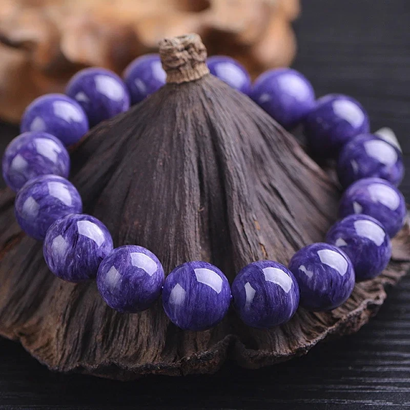 Pulsera con cuentas de piedra amatista charoita natural para mujer joyería redonda elástica Foto 2 de 4