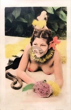 Hawaii Hula Girl Topless Handtinted Flowers 1930 RPPC Photo Postcard COPY