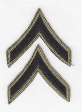 Army Rank Chevron: Private First Class - 3", OD cut edge, VN era subdued, pair