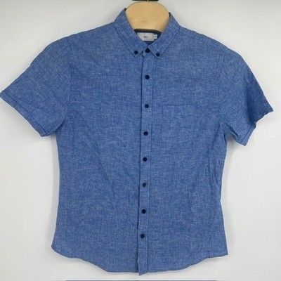Onia Men's Blue Linen and Cotton Short Sleeve Button Down Shirt Size Large