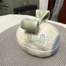 Oval Ceramic Floral Decorative Box Pastel Green Blue White Bow Lid Glossy