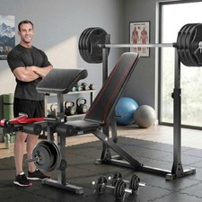 900LBS Olympic Adjustable Weight Bench with Barbell Rack Preacher Curl Full Body