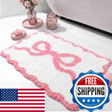 Tinideya Pink Bow Bathroom Rug 20" x 32" Scalloped Bow Bath Mat Non Slip Coquett