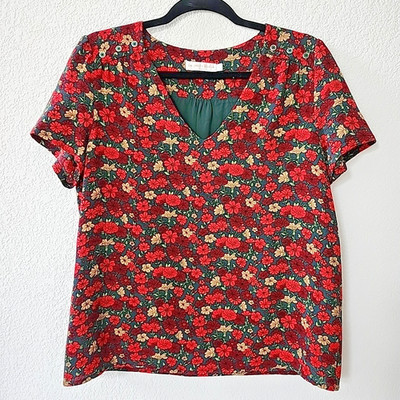 La Petite Etoile Women's 6 / M Floral Top Shirt Red Poppy Green Lined Puff Slv