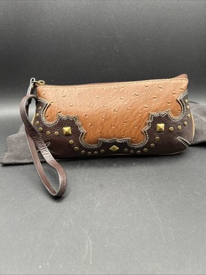 American West Brown Leather Studded Ostrich Wristlet Clutch Western Rodeo Bag