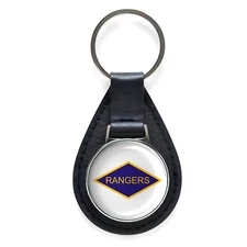 U.S. Army Ranger Black Leather Keychain Silver Keyring Military Gift