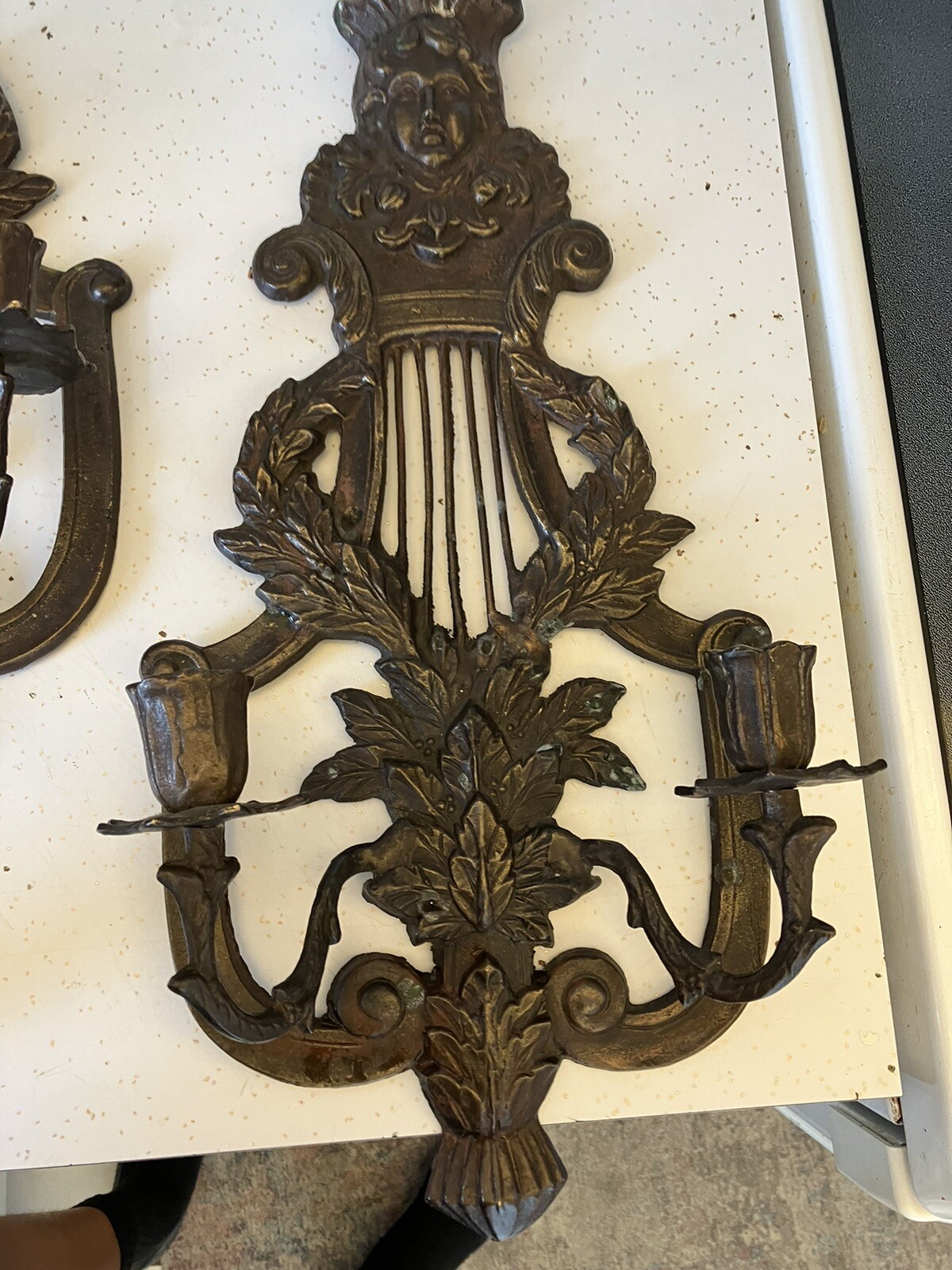 Antique Art Nouveau Brass Wall Hanging Candle Holders Sconce Cherub Faced Harps