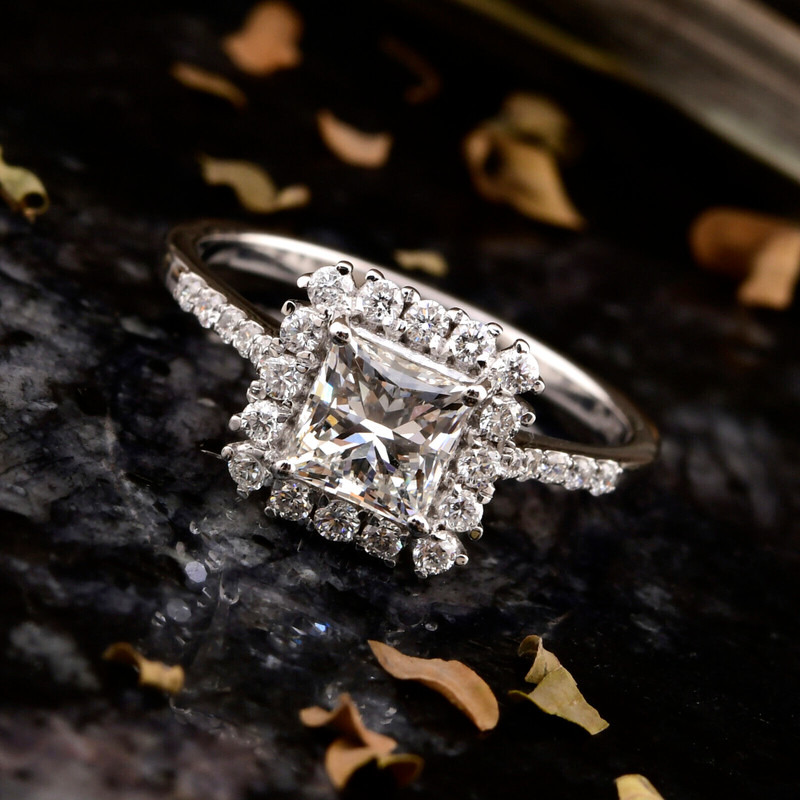 Spectrum Princess Cut Halo Ring 1.36ct Lab-Grown Diamond 14k White Gold Size 7