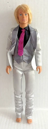 Sauve Barbie A Fashion Fairytale Ken Doll in Silver Suit and Glitter Pink Tie