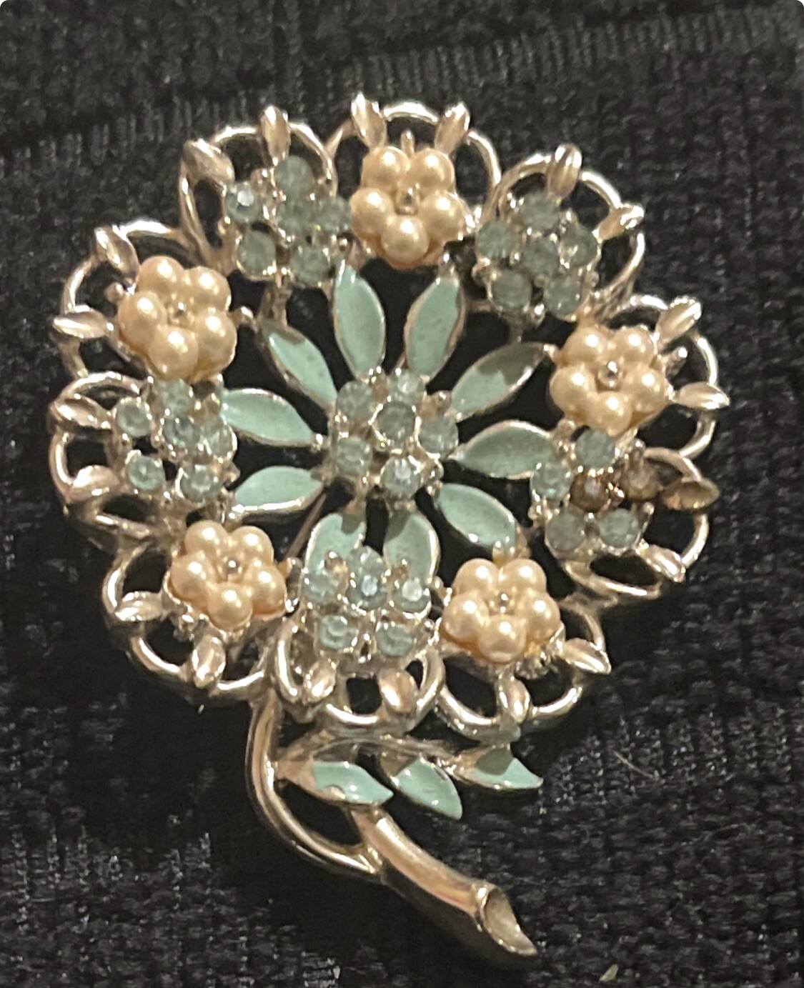 Vintage Heavy Silver Bouquet Floral Pearl And Blue Turquoise Stone Brooch Pin