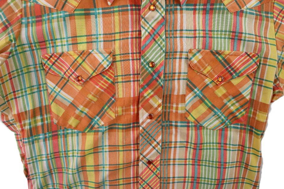 Camisa De Colección Años 70 SEARS WESTERN WEAR US Para Hombre 15 Naranja A Cuadros Manga Corta Foto 3 de 4