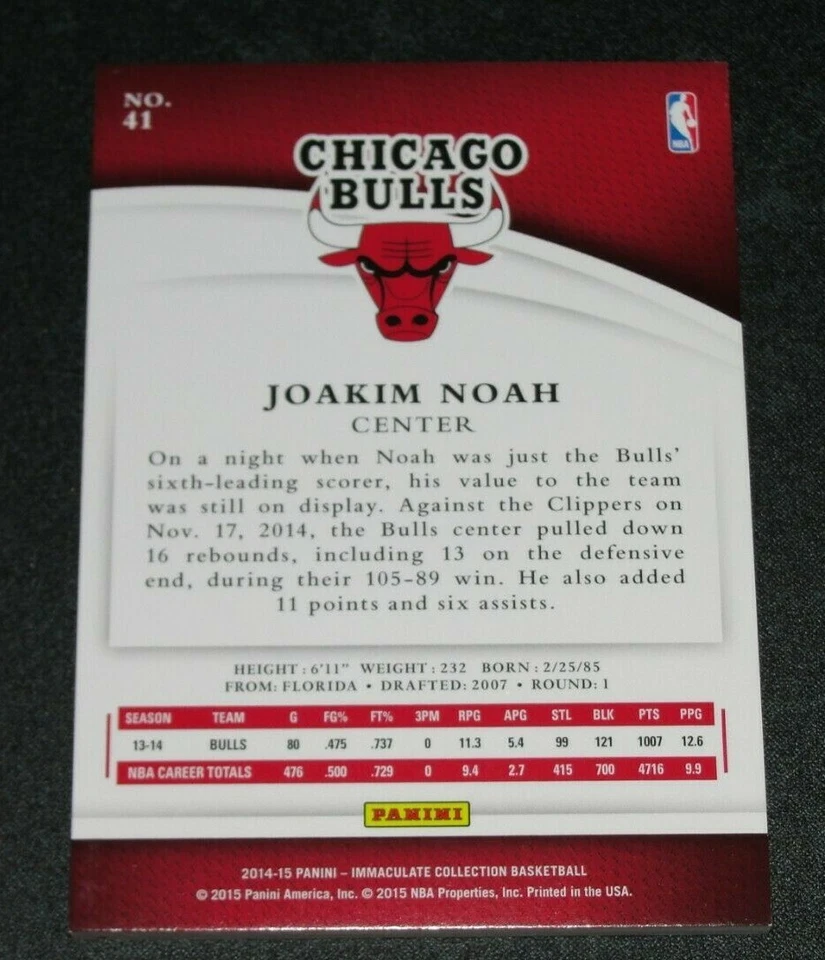 2014-15 Panini Immaculate JOAKIM NOAH #41 Red Foil Variant/25 Chi BULLS - Gators - Image 2 of 2