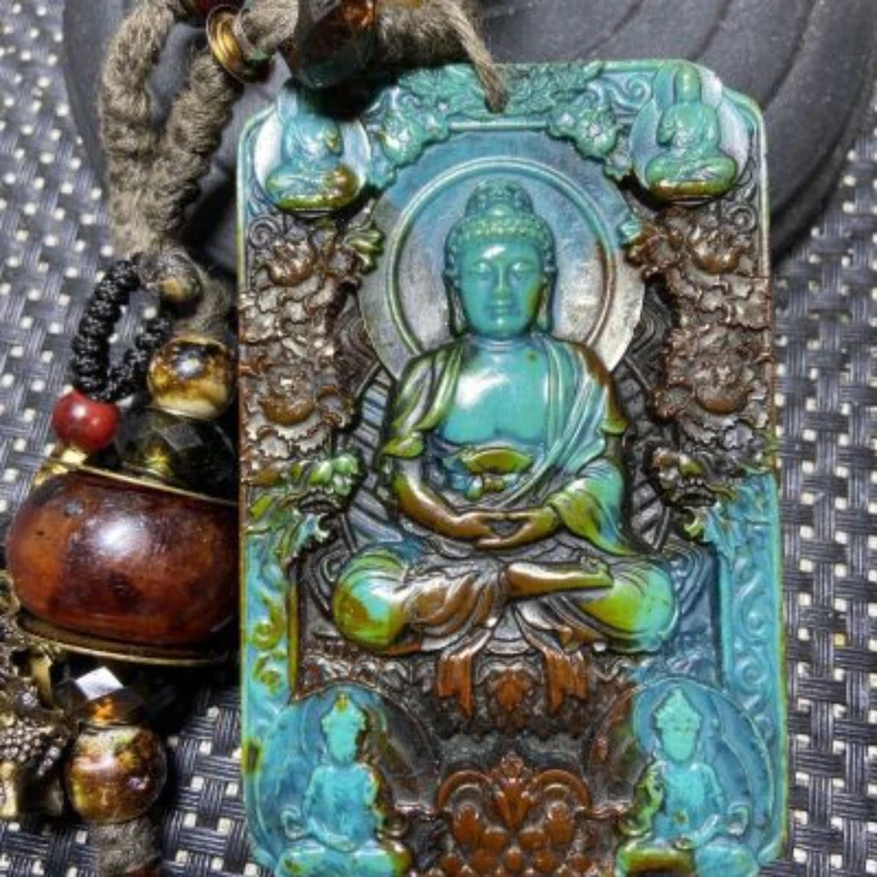 Винтажный бирюзовый Вайрокана подвеска латуни монета резьба патина буддийский амулет - Изображение 2 из 2