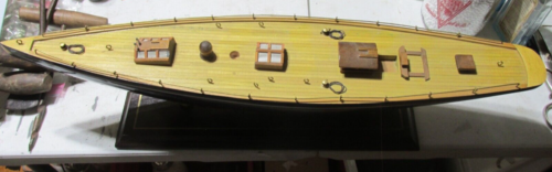 vintage sailing ship model on stand 2ft long 5" tall deck finished,needs sail