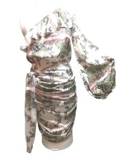 Pretty Little Thing One Sleeve Rusched Paisley Print Bodycon Dress Size 4