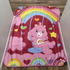 Vtg Care Bears JP Imports Cheer Bear Heavyweight Bright Pink Blanket 76x63