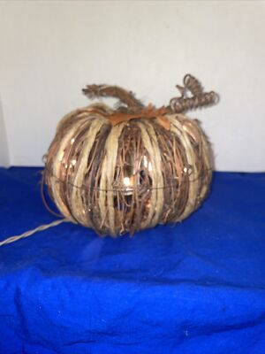 Lighted Pumpkin Natural raffia Husk Figurine Beautiful Fall Decor 8 - EstateFind