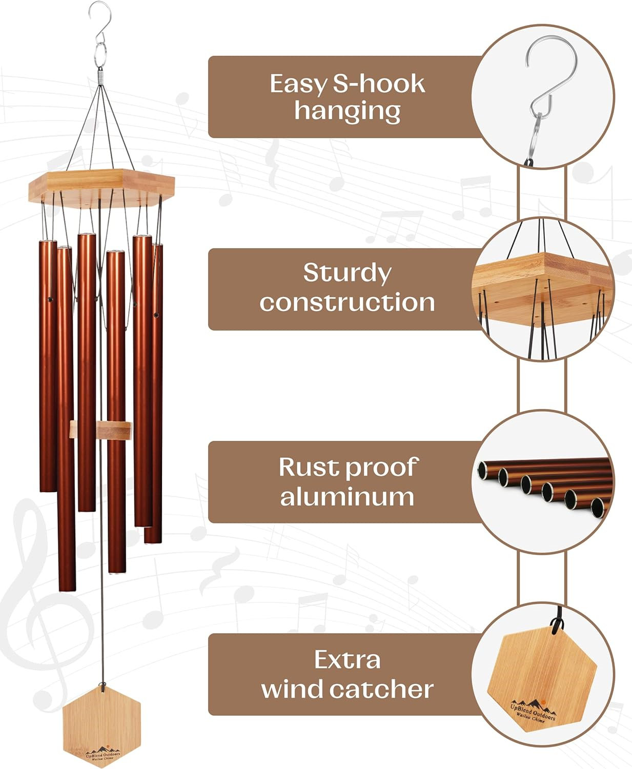 UpBlend Wailua 29" CopperRed Wind Chimes for Outside Decorations for