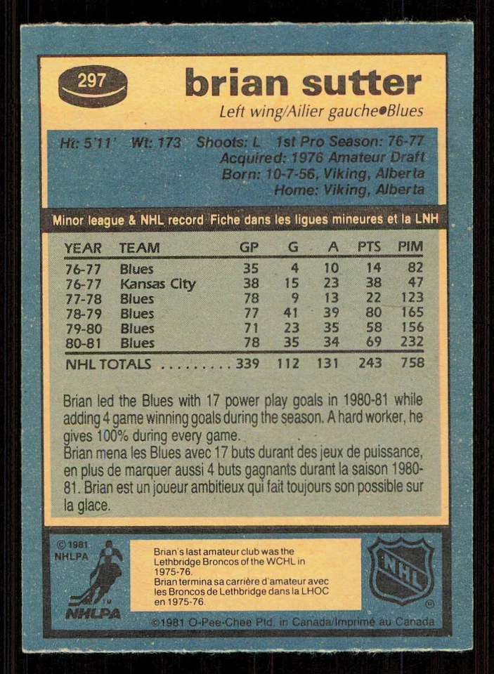 1981-82 O-Pee-Chee #297 Brian Sutter - Image 2 of 2