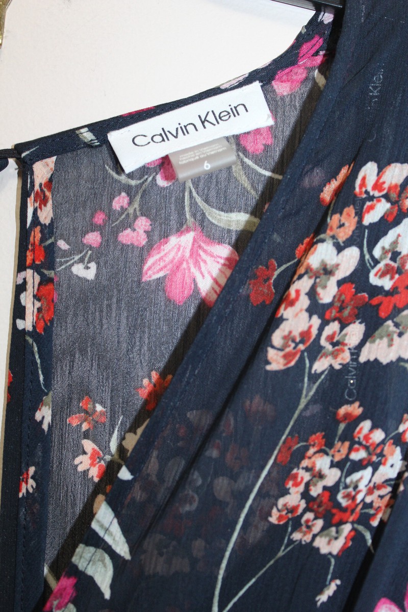 CALVIN KLEIN WOMENS FAUX WRAP DRESS CHIFFON MIDI FLORAL BLACK & MULTICLR  SIZE 6 | eBay