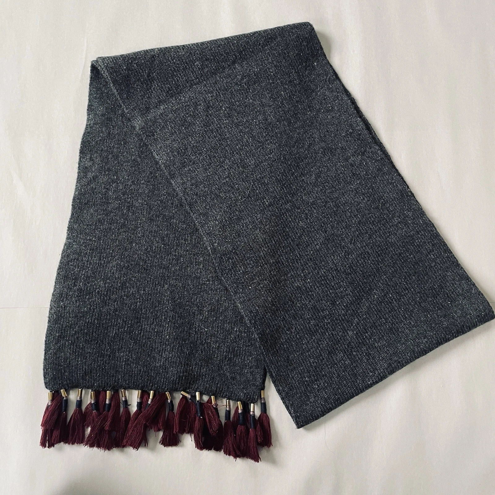J.Crew Wool Cashmere Blend Scarf Grey Knit Burgundy Tassels 66”