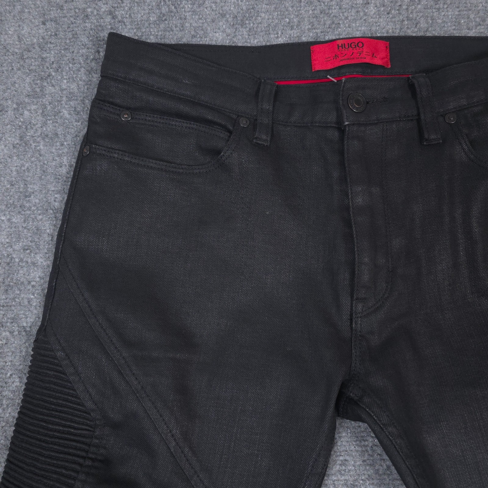 HUGO Boss Pants 32x30* Black Moto Biker Wax Coated Jeans Japanese Denim READ thumbnail 4