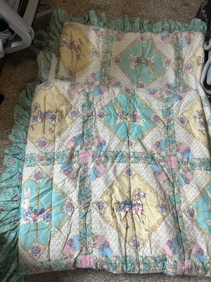 Juego de almohadas dobles ropa de cama cottagecore en mal estado pastel volantes edredón carrusel de colección Foto 2 de 4