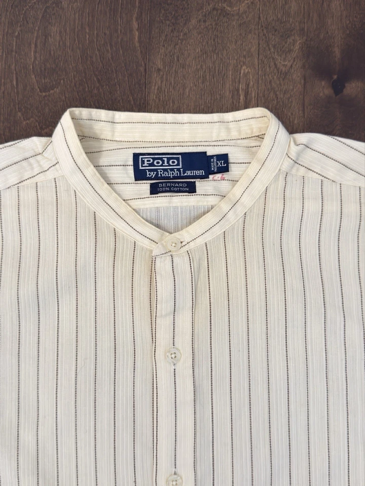 Camisa polo masculina vintage Ralph Lauren Bernard tamanho XL listrada marfim colarinho com faixas - Imagem 3 de 4