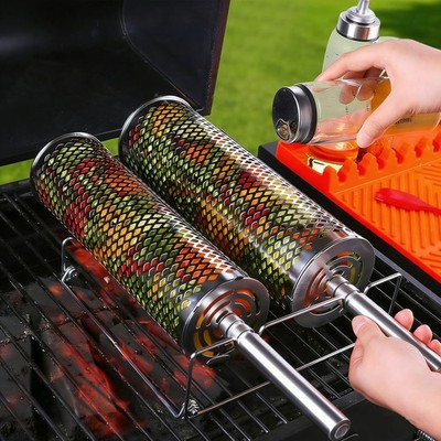 Rolling Grill Basket 2pcs Removable Handle Stainless Steel BBQ Grilling Tools