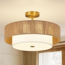 18 Inch Rattan Semi Flush Mount Ceiling Light Fixture,3-Light Boho Light Fixt...