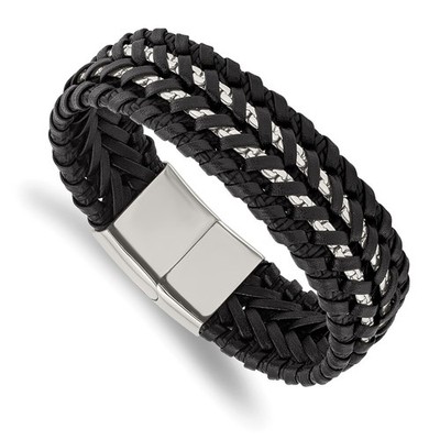 Stainless Steel Polished Black Woven Leather and Chain Bracelet 8.5''