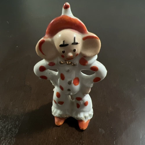 Vintage Ceramic Happy Clown Jester White Red  POLKA DOTS Japan 3" Figurine 