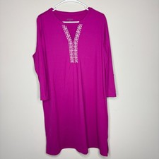 Lands End Cover Up Swim Dress Large Embroidered Fuchsia Modest Pool Vacation