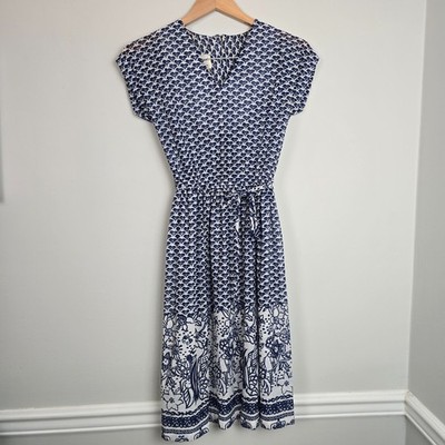 Vintage 60's Matthew Love Womens Blue White Floral Print Dress Small Petite Boho