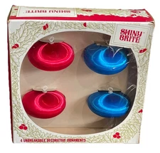 Vtg Shiny Brite Poloron Spun Satin UFO Disk Ornaments Set Of 4 W/Box Red & Blue