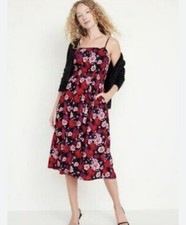 Old Navy Women's Floral Midi Dress Black Red Pink Smocked Bodice Size Medium