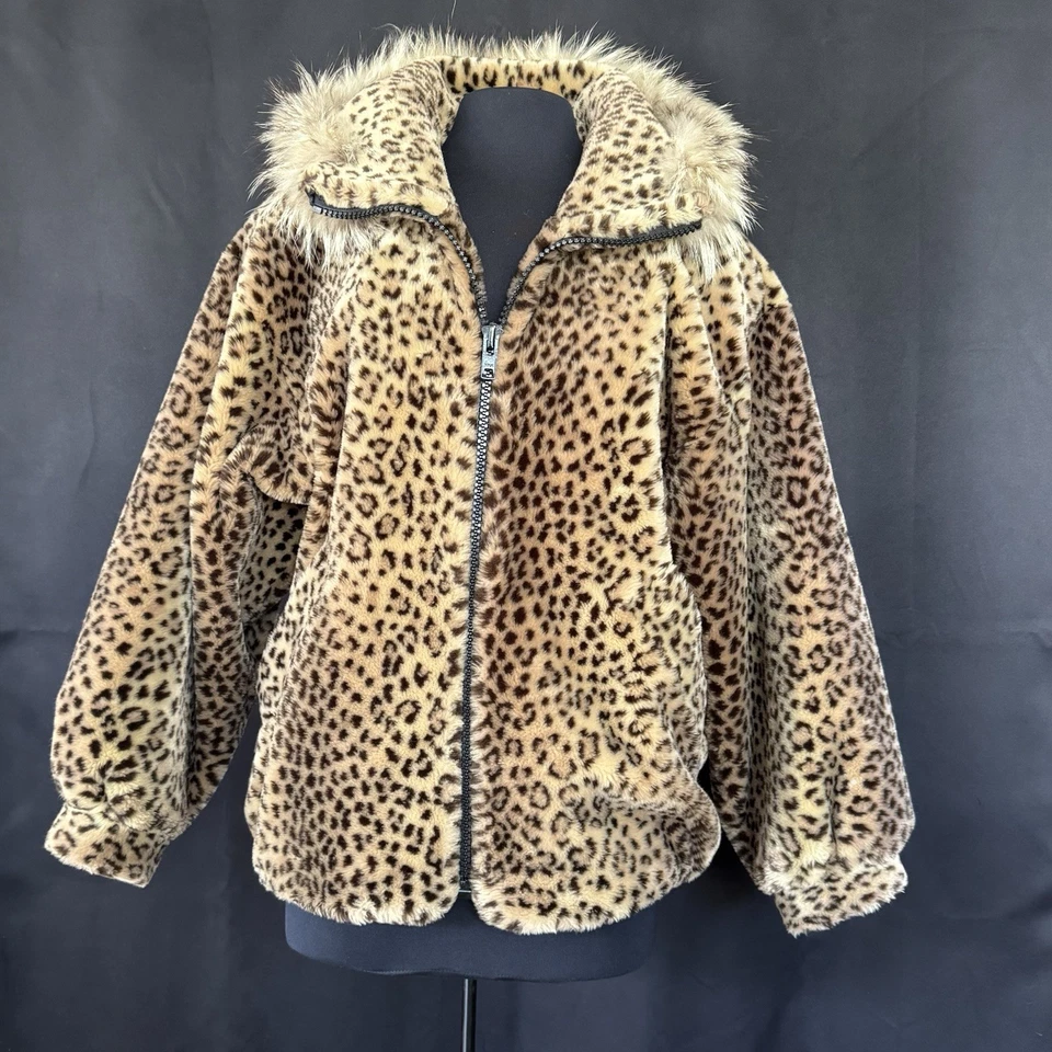Neiman Marcus Zip Up Faux Fur Coat Leopard Print Fur Trimmed Hood  2 Pockets/M - Image 2 of 4