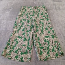 C&C California Cropped Pants Womens XL Green Floral Wide Leg Pull On Pockets
