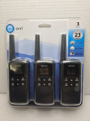 ONN 3PK. Walkie Talkie up to 23 Mile Range 22 Chanels Rechargeable Batteries New
