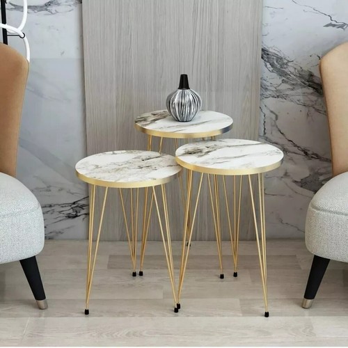 Round Nesting Coffee Table Decorative Gold Metal Leg Modern Furniture Set 3 Pcs - Picture 12 of 20