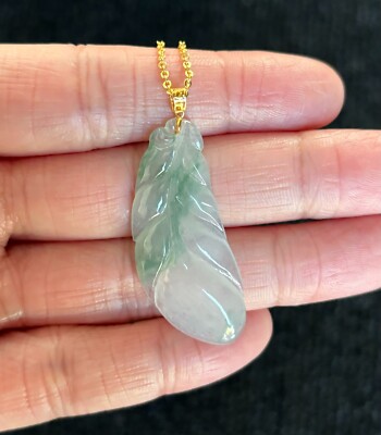 Highly Icy Floating Green Feather Jadeite Jade Pendant 18K Gold Buckle