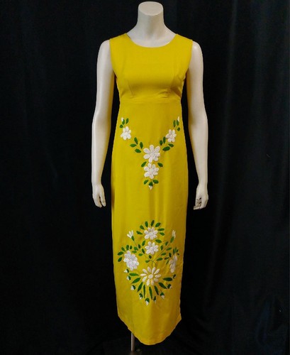 BEAUTIFUL YELLOW EMBROIDERED Empire Waist Vintage 1960s MAXI COLUMN DRESS - S/XS - Picture 8 of 8